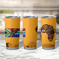 Tribal Africa Heritage with South Africa Flag Tumbler Cup Wildlife Silhouettes in Earthy Yellow and Brown