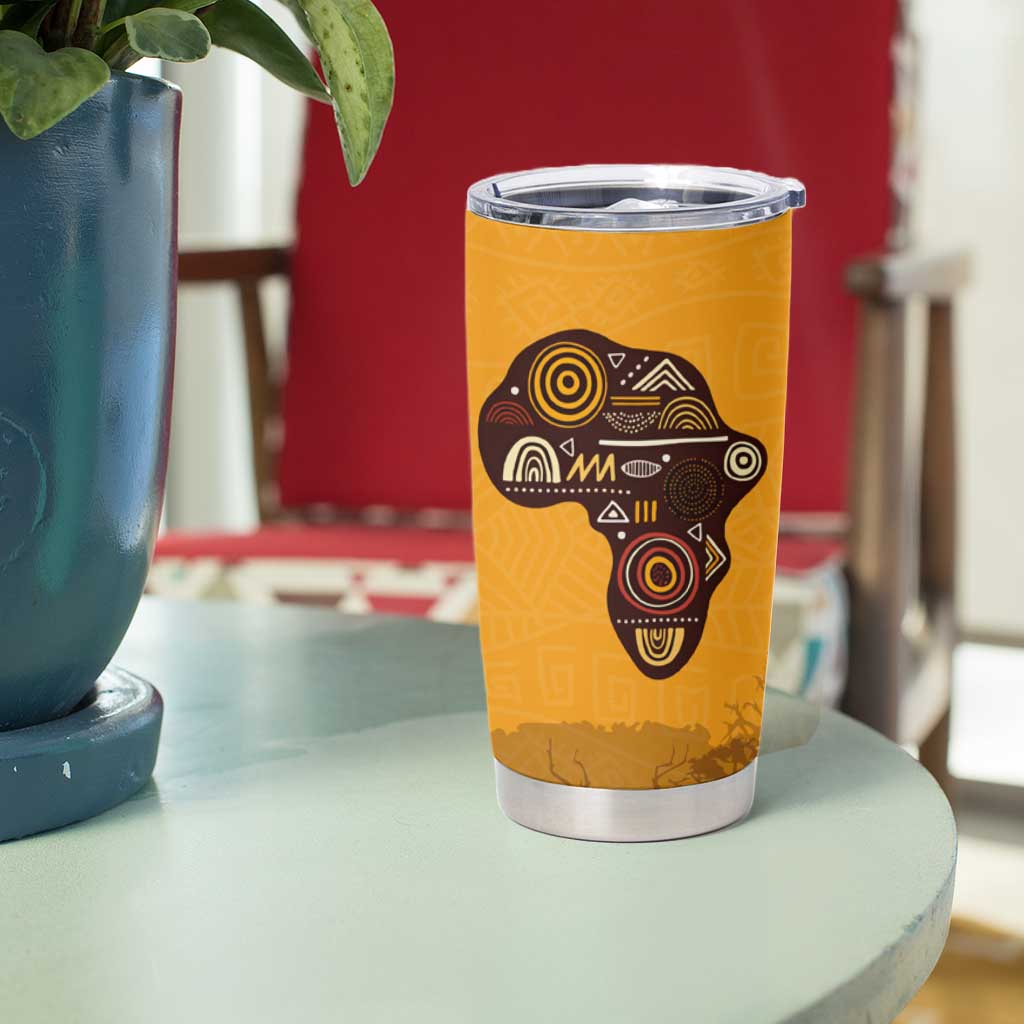 Tribal Africa Heritage with South Africa Flag Tumbler Cup Wildlife Silhouettes in Earthy Yellow and Brown