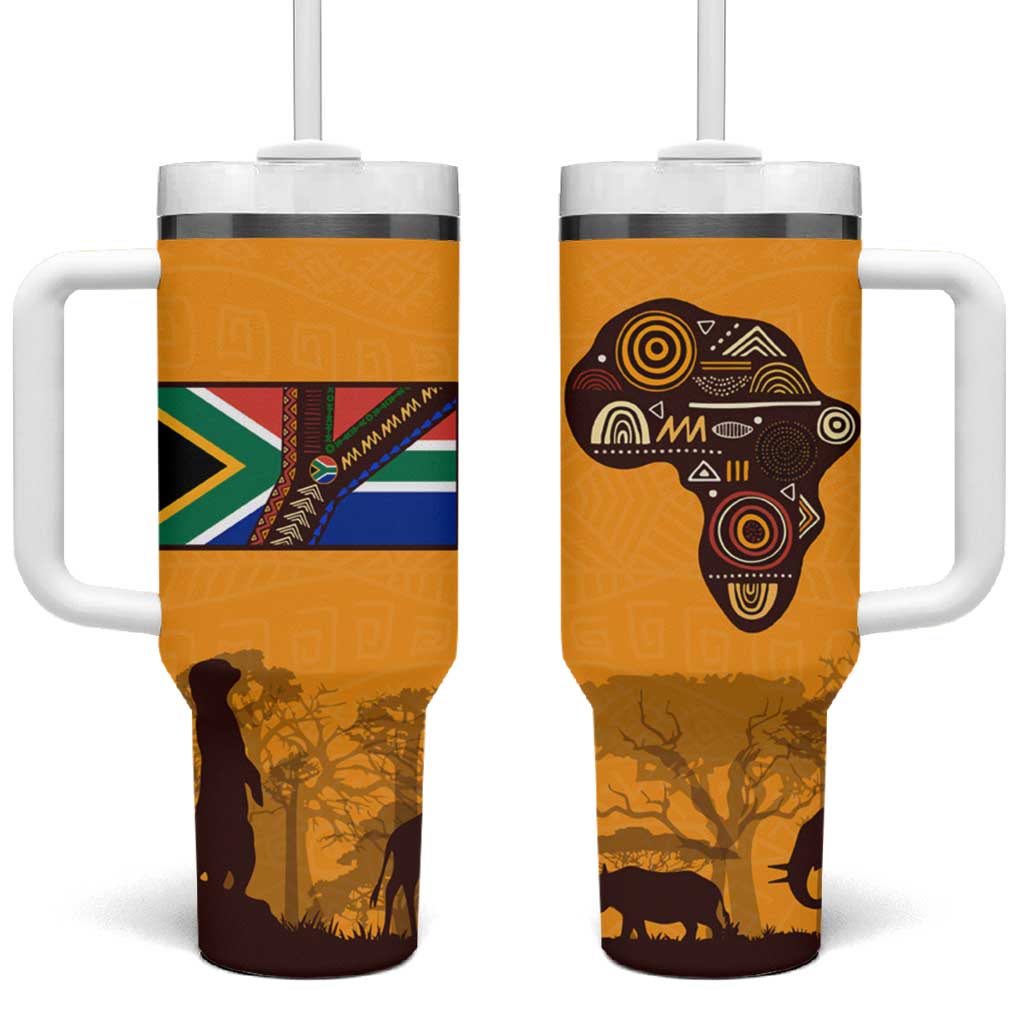 Tribal Africa Heritage with South Africa Flag Tumbler With Handle Wildlife Silhouettes in Earthy Yellow and Brown