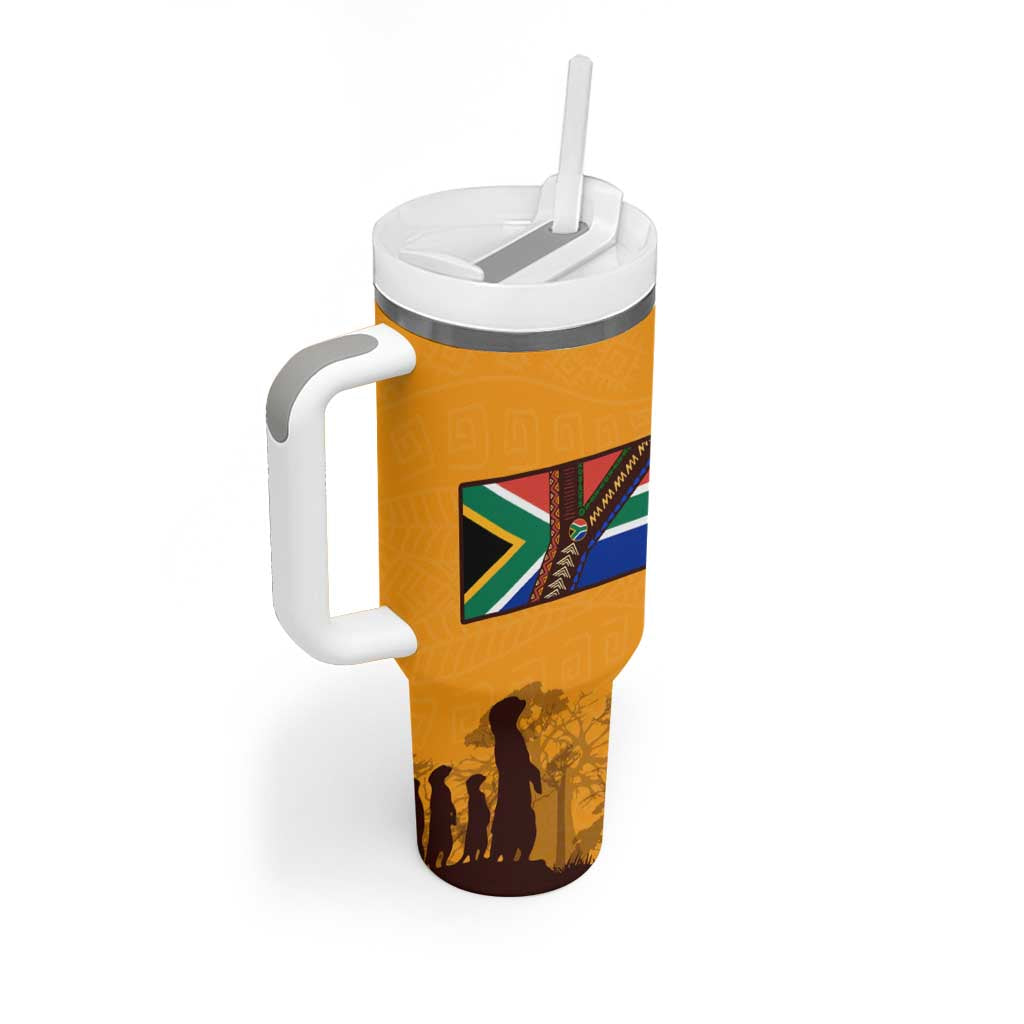 Tribal Africa Heritage with South Africa Flag Tumbler With Handle Wildlife Silhouettes in Earthy Yellow and Brown