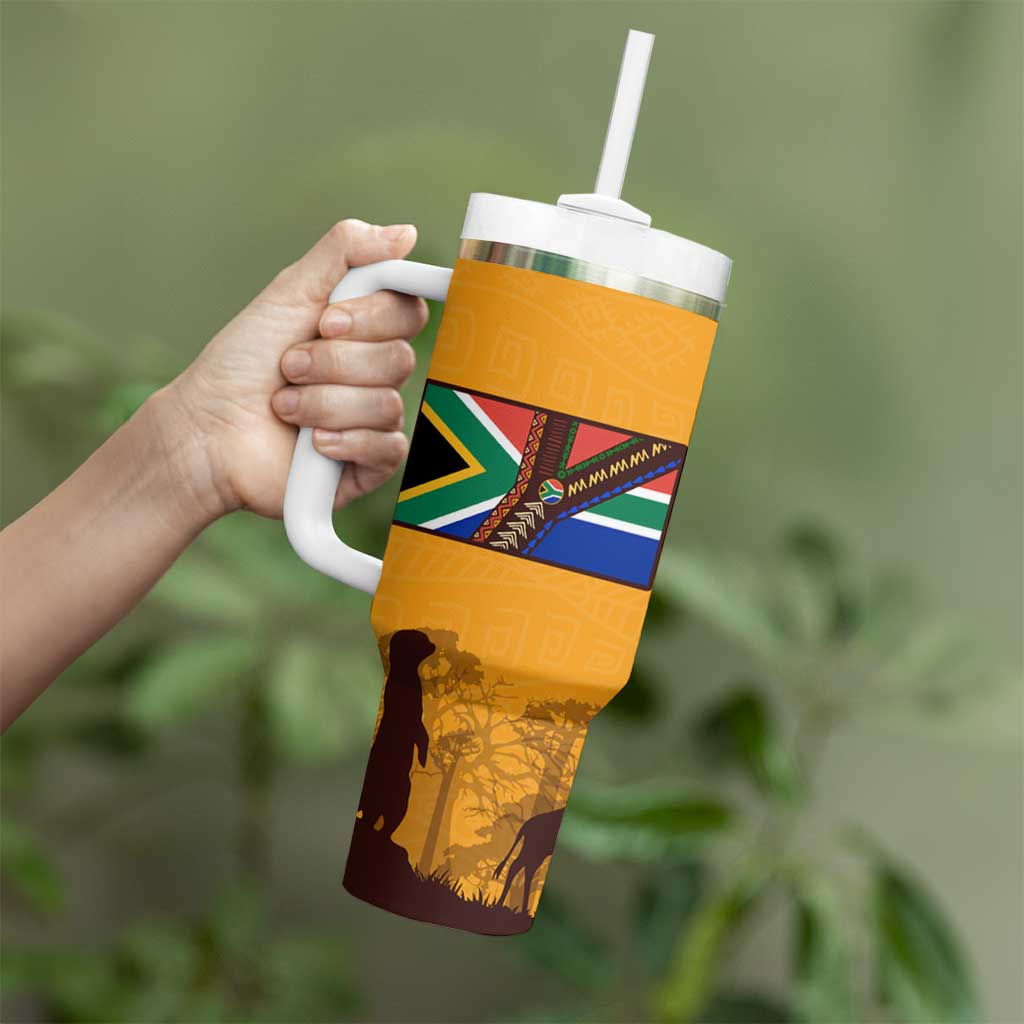 Tribal Africa Heritage with South Africa Flag Tumbler With Handle Wildlife Silhouettes in Earthy Yellow and Brown