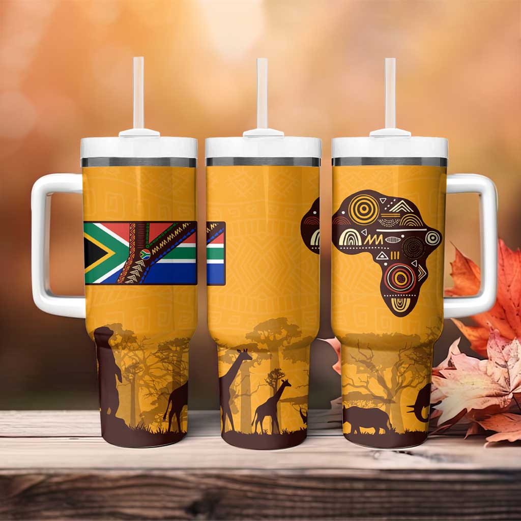 Tribal Africa Heritage with South Africa Flag Tumbler With Handle Wildlife Silhouettes in Earthy Yellow and Brown