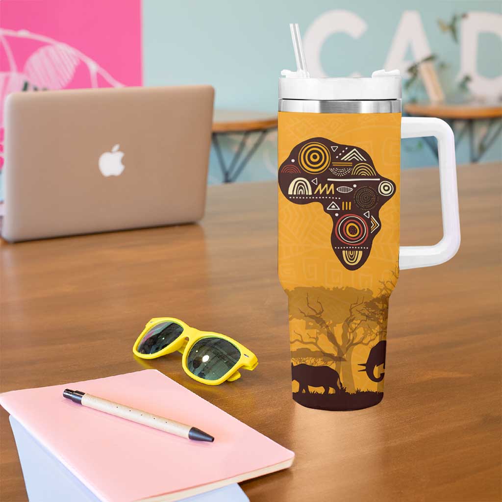 Tribal Africa Heritage with South Africa Flag Tumbler With Handle Wildlife Silhouettes in Earthy Yellow and Brown
