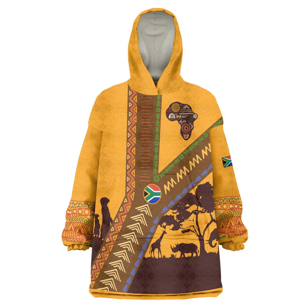 Tribal Africa Heritage with South Africa Flag Wearable Blanket Hoodie Wildlife Silhouettes in Earthy Yellow and Brown