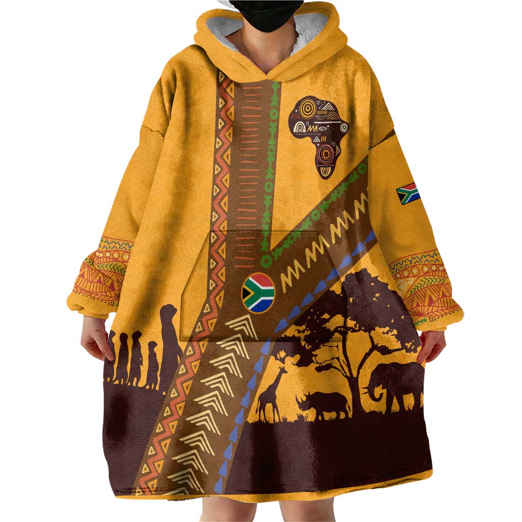 Tribal Africa Heritage with South Africa Flag Wearable Blanket Hoodie Wildlife Silhouettes in Earthy Yellow and Brown