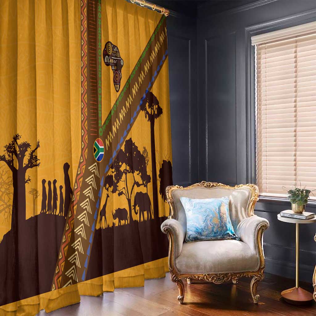 Tribal Africa Heritage with South Africa Flag Window Curtain Wildlife Silhouettes in Earthy Yellow and Brown