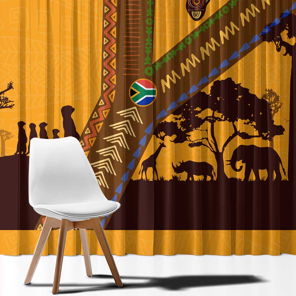 Tribal Africa Heritage with South Africa Flag Window Curtain Wildlife Silhouettes in Earthy Yellow and Brown