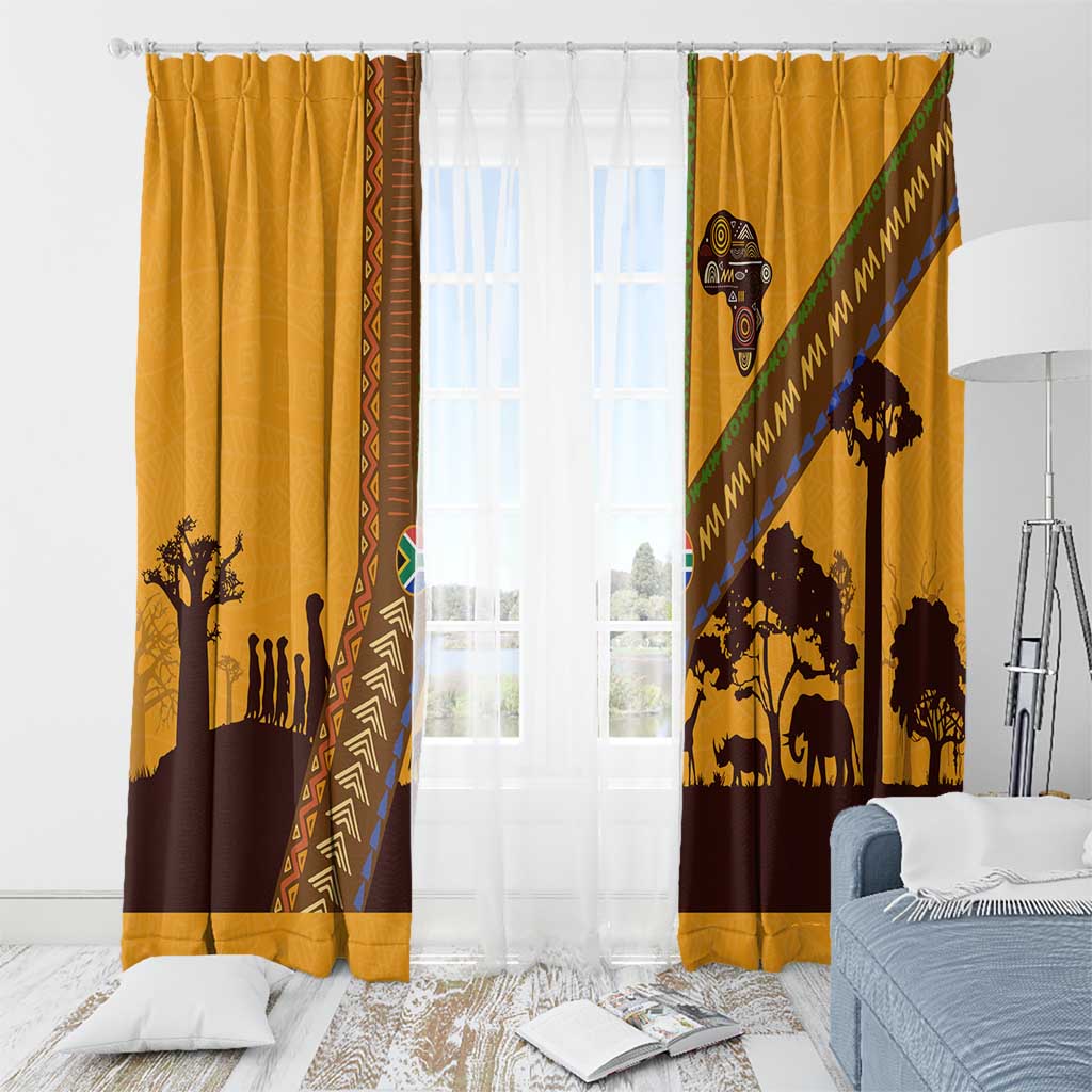 Tribal Africa Heritage with South Africa Flag Window Curtain Wildlife Silhouettes in Earthy Yellow and Brown