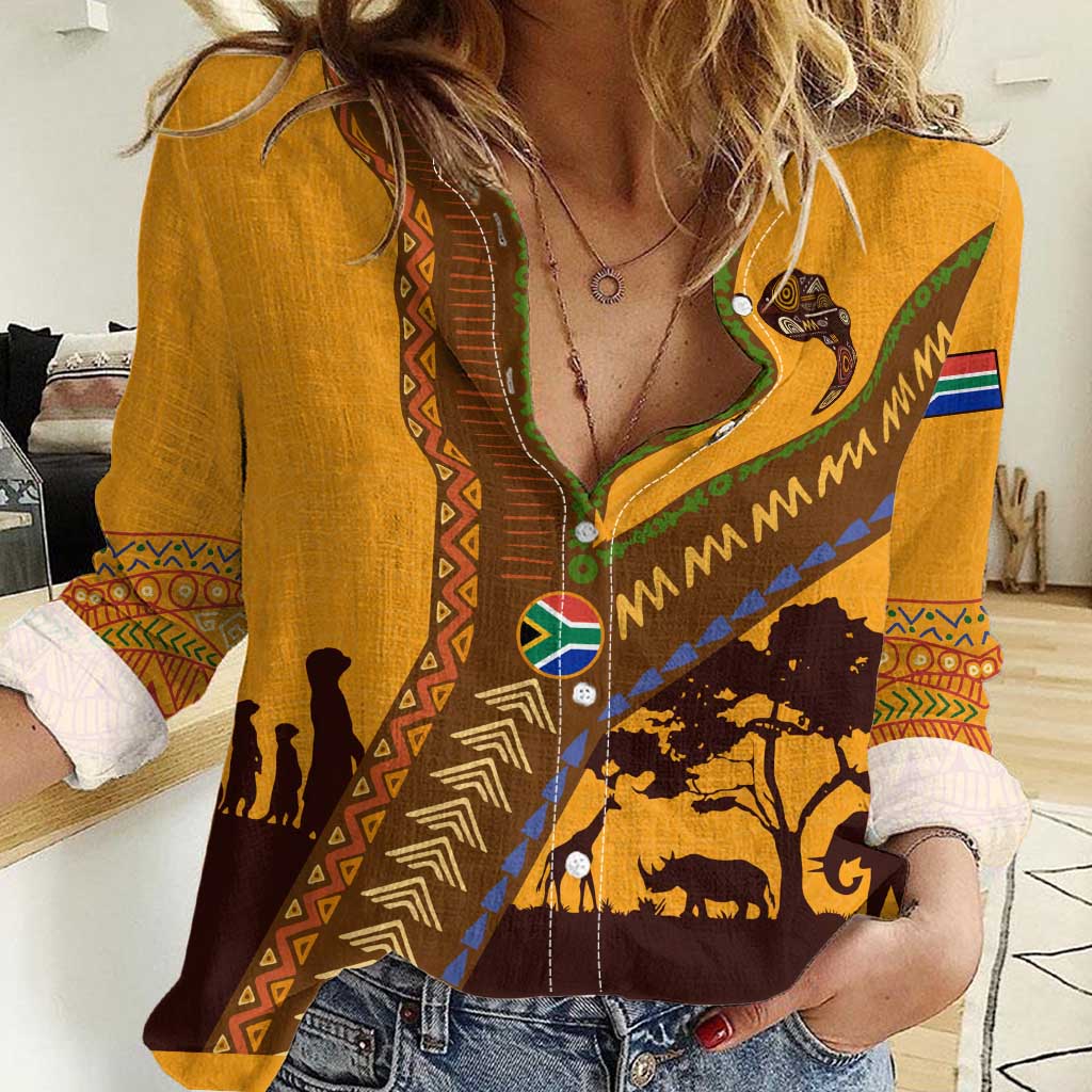 Tribal Africa Heritage with South Africa Flag Women Casual Shirt Wildlife Silhouettes in Earthy Yellow and Brown