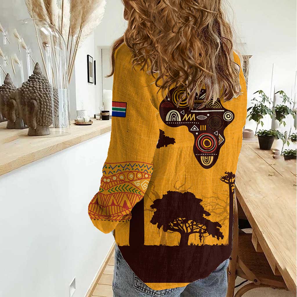 Tribal Africa Heritage with South Africa Flag Women Casual Shirt Wildlife Silhouettes in Earthy Yellow and Brown