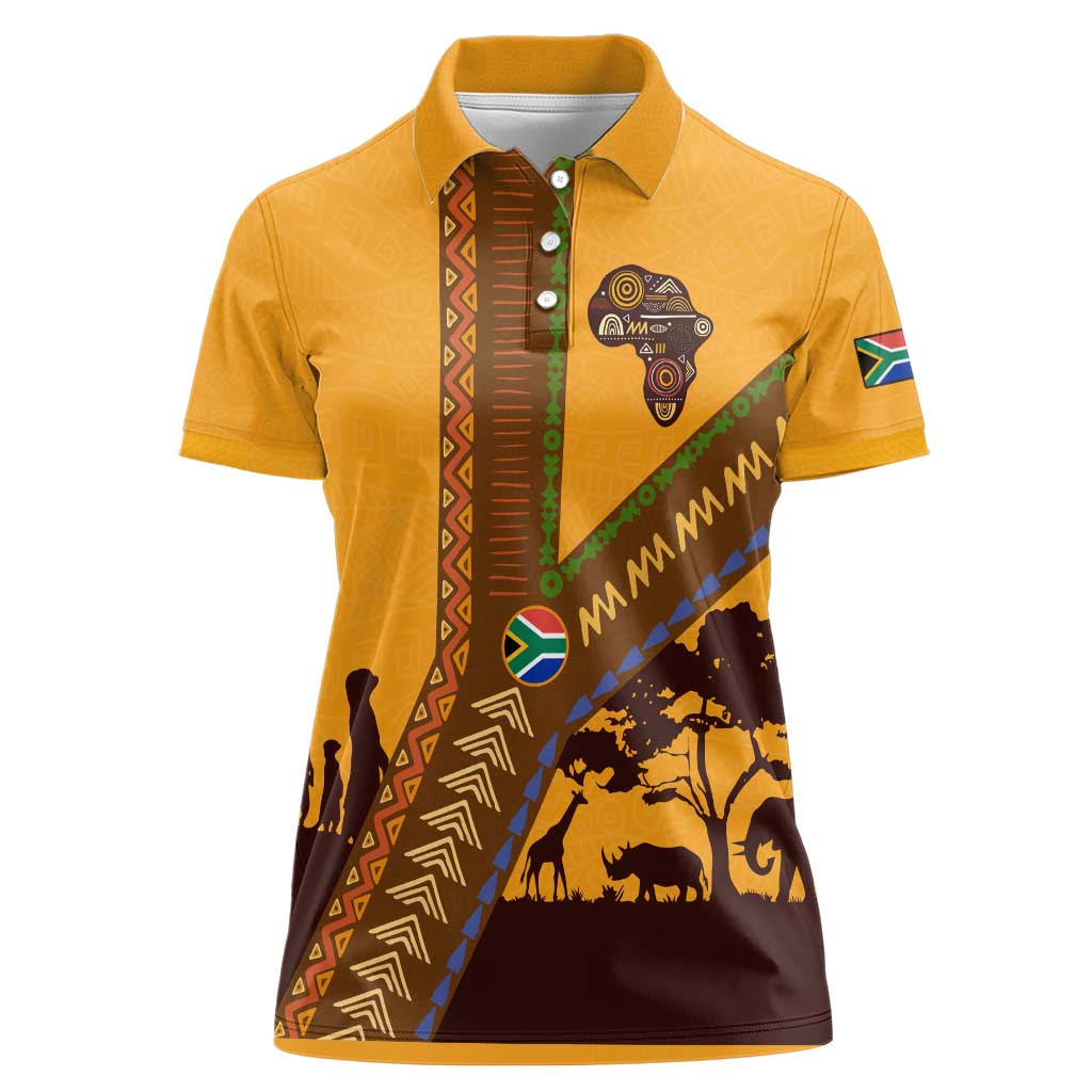 Tribal Africa Heritage with South Africa Flag Women Polo Shirt Wildlife Silhouettes in Earthy Yellow and Brown