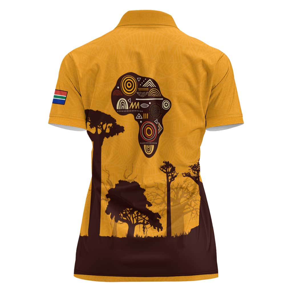 Tribal Africa Heritage with South Africa Flag Women Polo Shirt Wildlife Silhouettes in Earthy Yellow and Brown