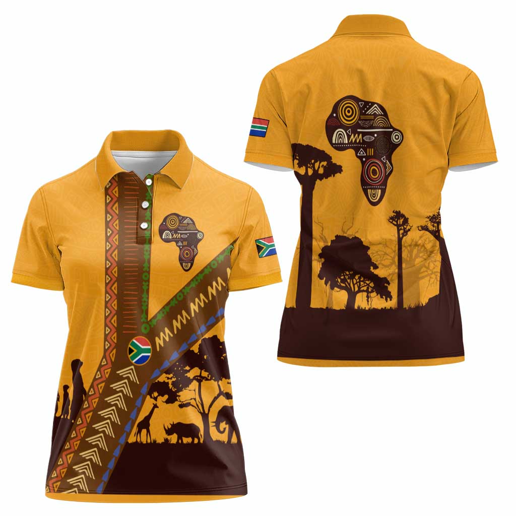 Tribal Africa Heritage with South Africa Flag Women Polo Shirt Wildlife Silhouettes in Earthy Yellow and Brown