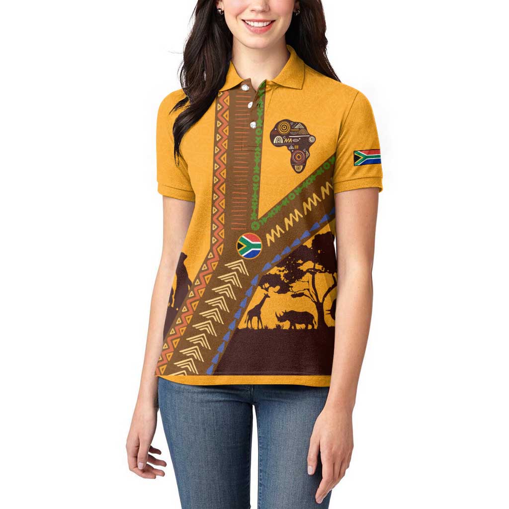Tribal Africa Heritage with South Africa Flag Women Polo Shirt Wildlife Silhouettes in Earthy Yellow and Brown