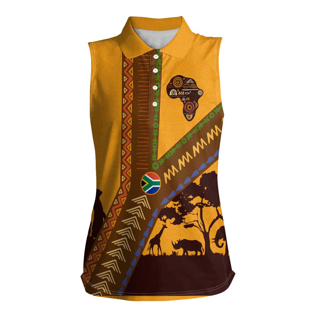 Tribal Africa Heritage with South Africa Flag Women Sleeveless Polo Shirt Wildlife Silhouettes in Earthy Yellow and Brown