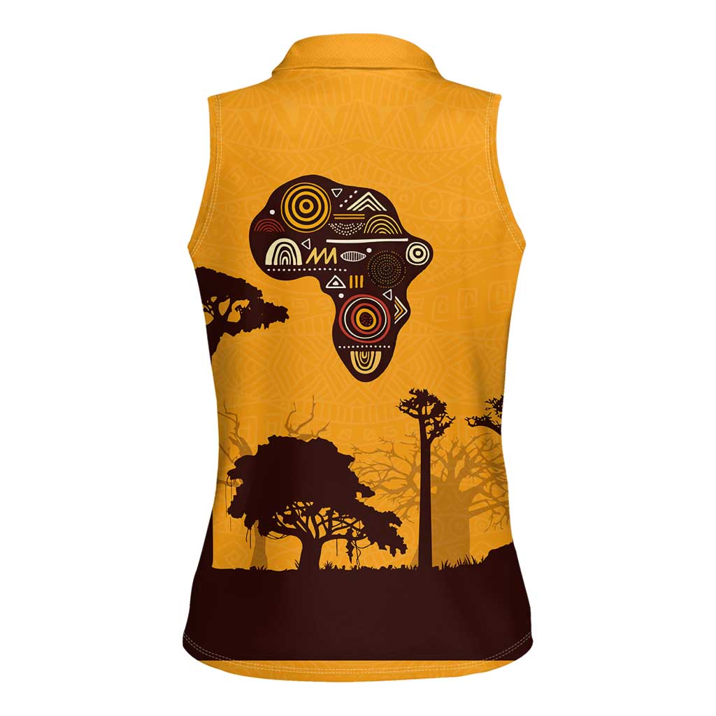 Tribal Africa Heritage with South Africa Flag Women Sleeveless Polo Shirt Wildlife Silhouettes in Earthy Yellow and Brown