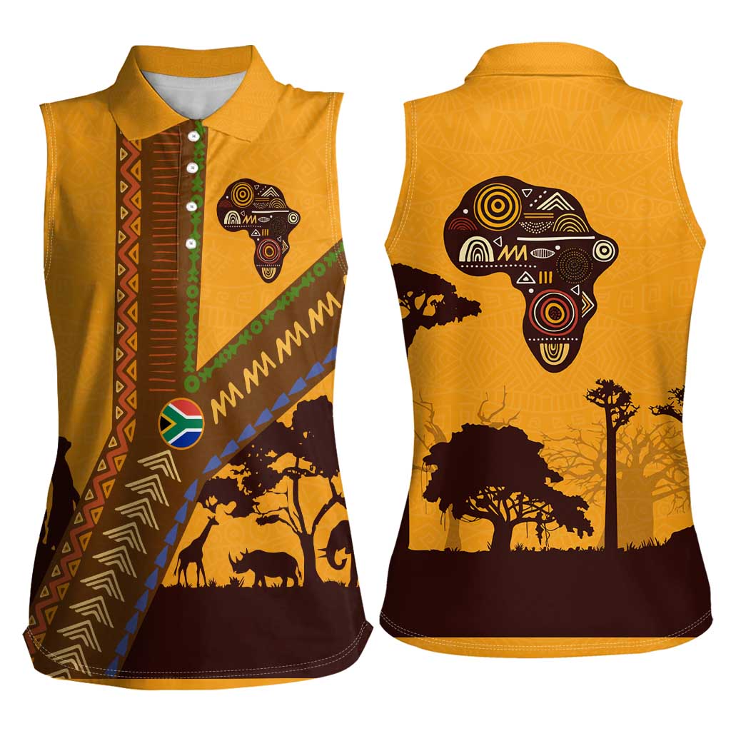 Tribal Africa Heritage with South Africa Flag Women Sleeveless Polo Shirt Wildlife Silhouettes in Earthy Yellow and Brown