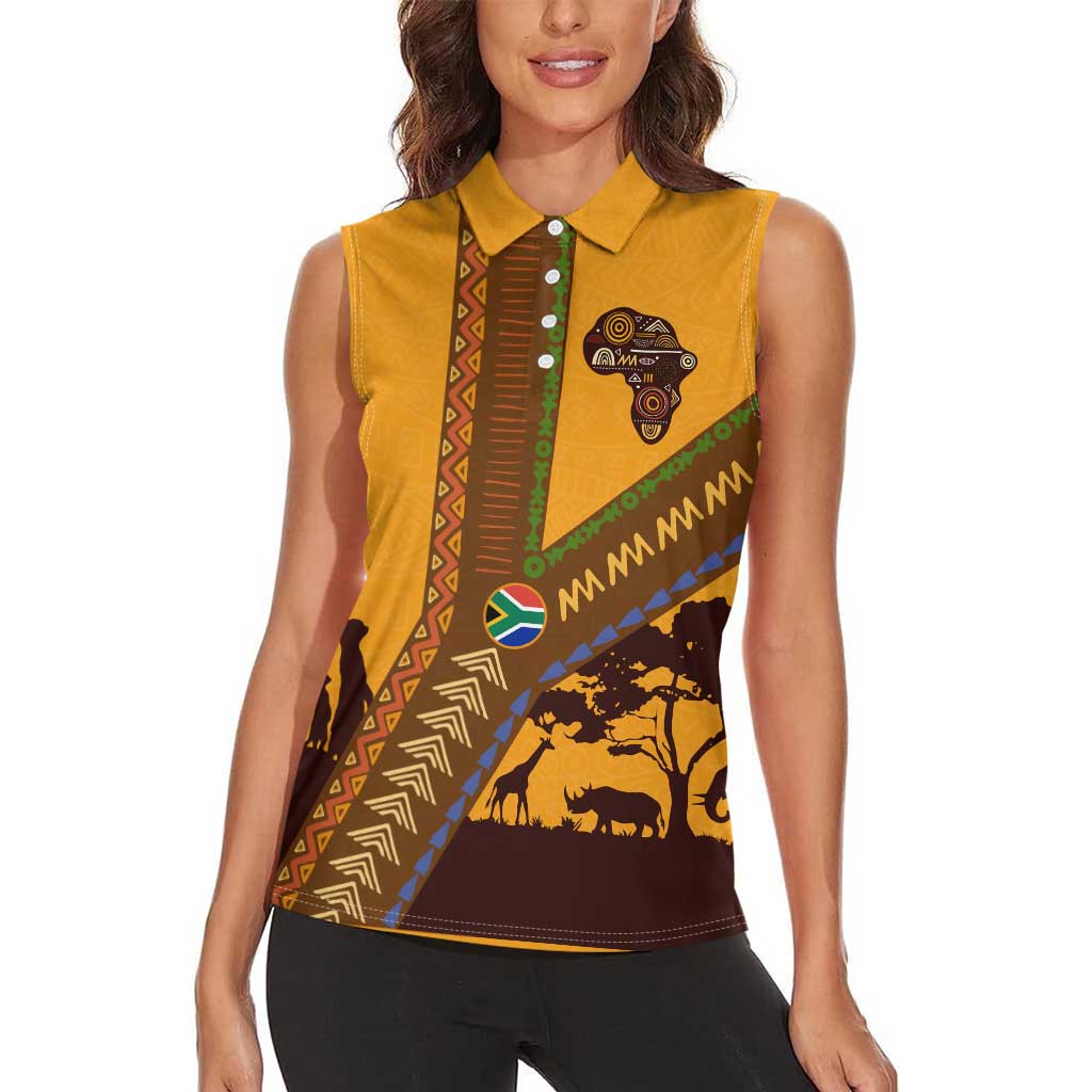 Tribal Africa Heritage with South Africa Flag Women Sleeveless Polo Shirt Wildlife Silhouettes in Earthy Yellow and Brown