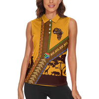 Tribal Africa Heritage with South Africa Flag Women Sleeveless Polo Shirt Wildlife Silhouettes in Earthy Yellow and Brown