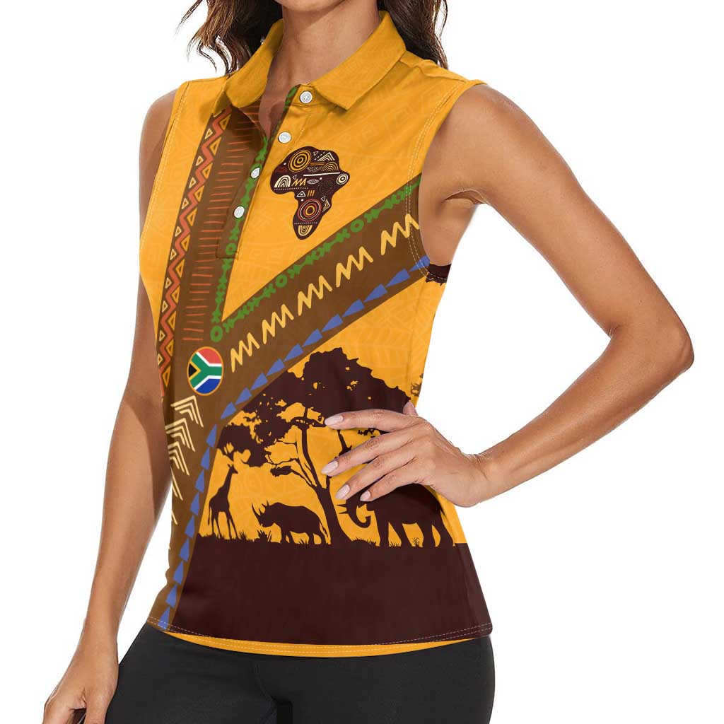 Tribal Africa Heritage with South Africa Flag Women Sleeveless Polo Shirt Wildlife Silhouettes in Earthy Yellow and Brown