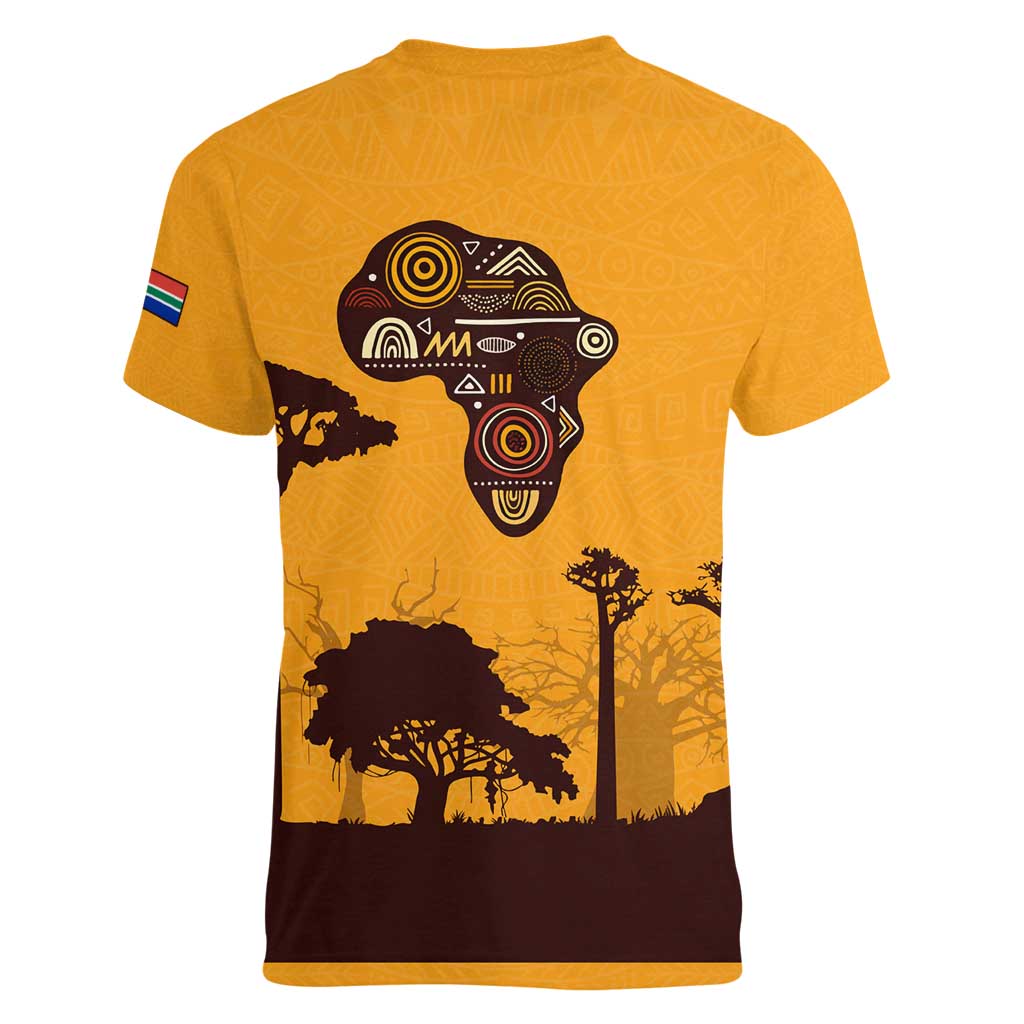 Tribal Africa Heritage with South Africa Flag Women V-Neck T-Shirt Wildlife Silhouettes in Earthy Yellow and Brown