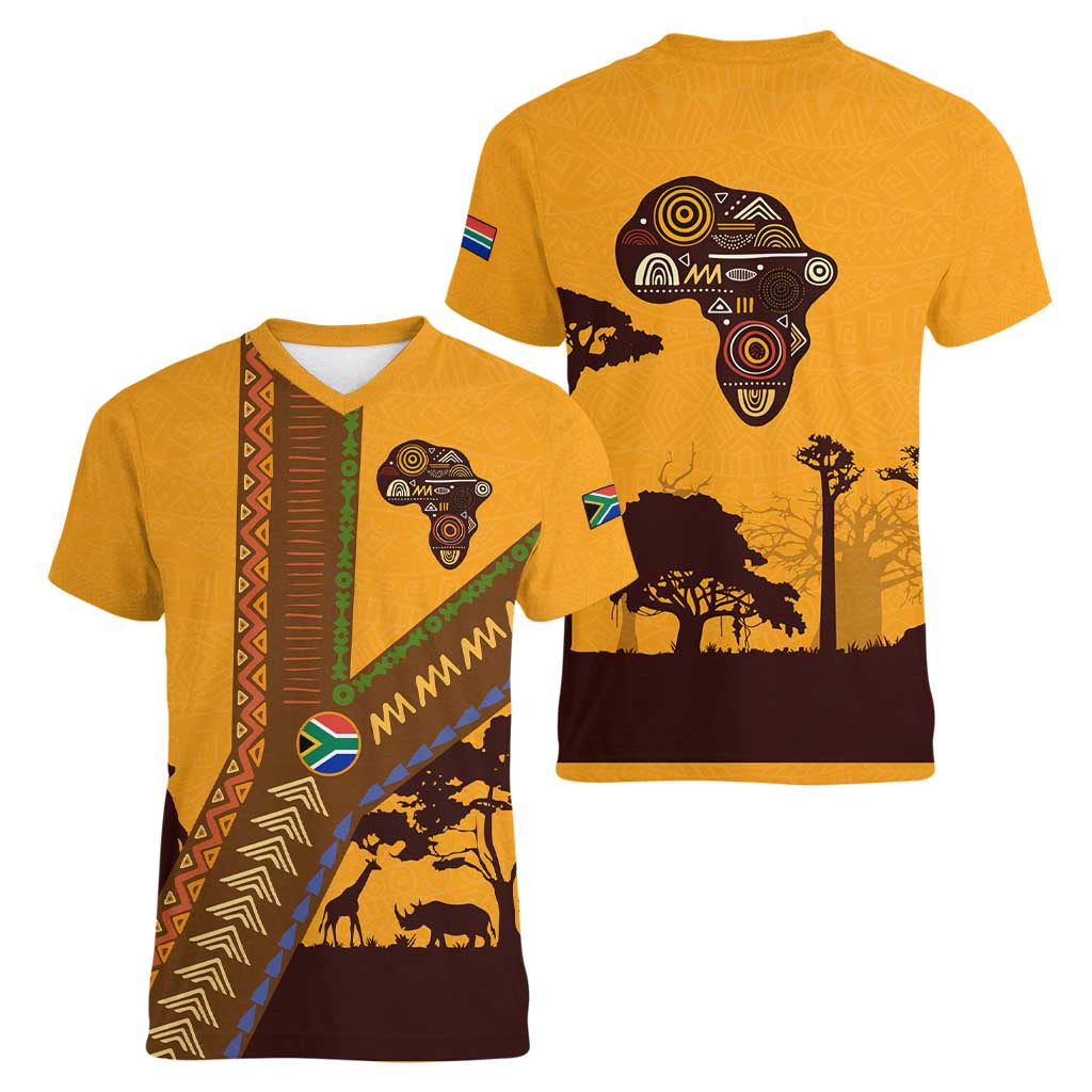 Tribal Africa Heritage with South Africa Flag Women V-Neck T-Shirt Wildlife Silhouettes in Earthy Yellow and Brown