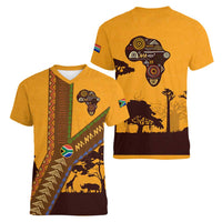 Tribal Africa Heritage with South Africa Flag Women V-Neck T-Shirt Wildlife Silhouettes in Earthy Yellow and Brown