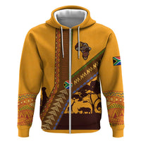 Tribal Africa Heritage with South Africa Flag Zip Hoodie Wildlife Silhouettes in Earthy Yellow and Brown