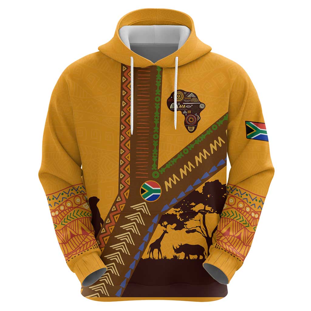 Tribal Africa Heritage with South Africa Flag Zip Hoodie Wildlife Silhouettes in Earthy Yellow and Brown