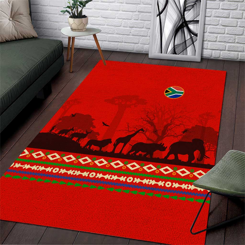 South Africa Wildlife Area Rug Tribal Pattern with National Flag and Safari Silhouettes