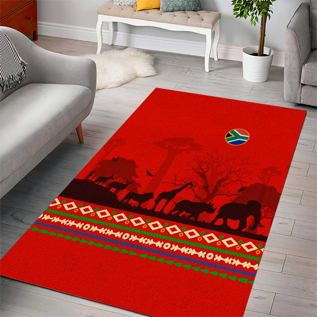 South Africa Wildlife Area Rug Tribal Pattern with National Flag and Safari Silhouettes