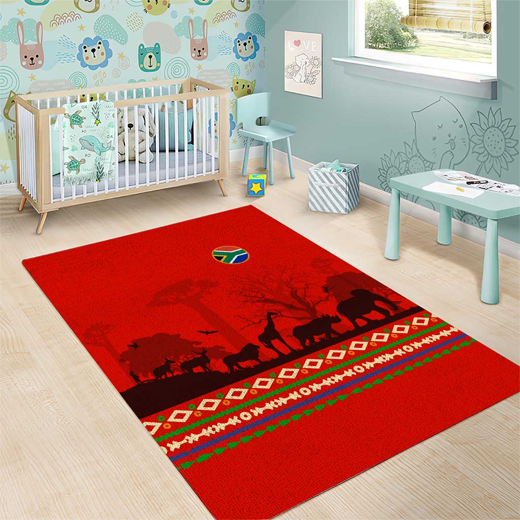 South Africa Wildlife Area Rug Tribal Pattern with National Flag and Safari Silhouettes