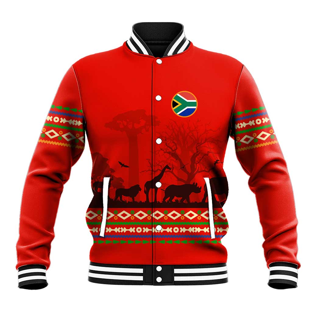 South Africa Wildlife Baseball Jacket Tribal Pattern with National Flag and Safari Silhouettes