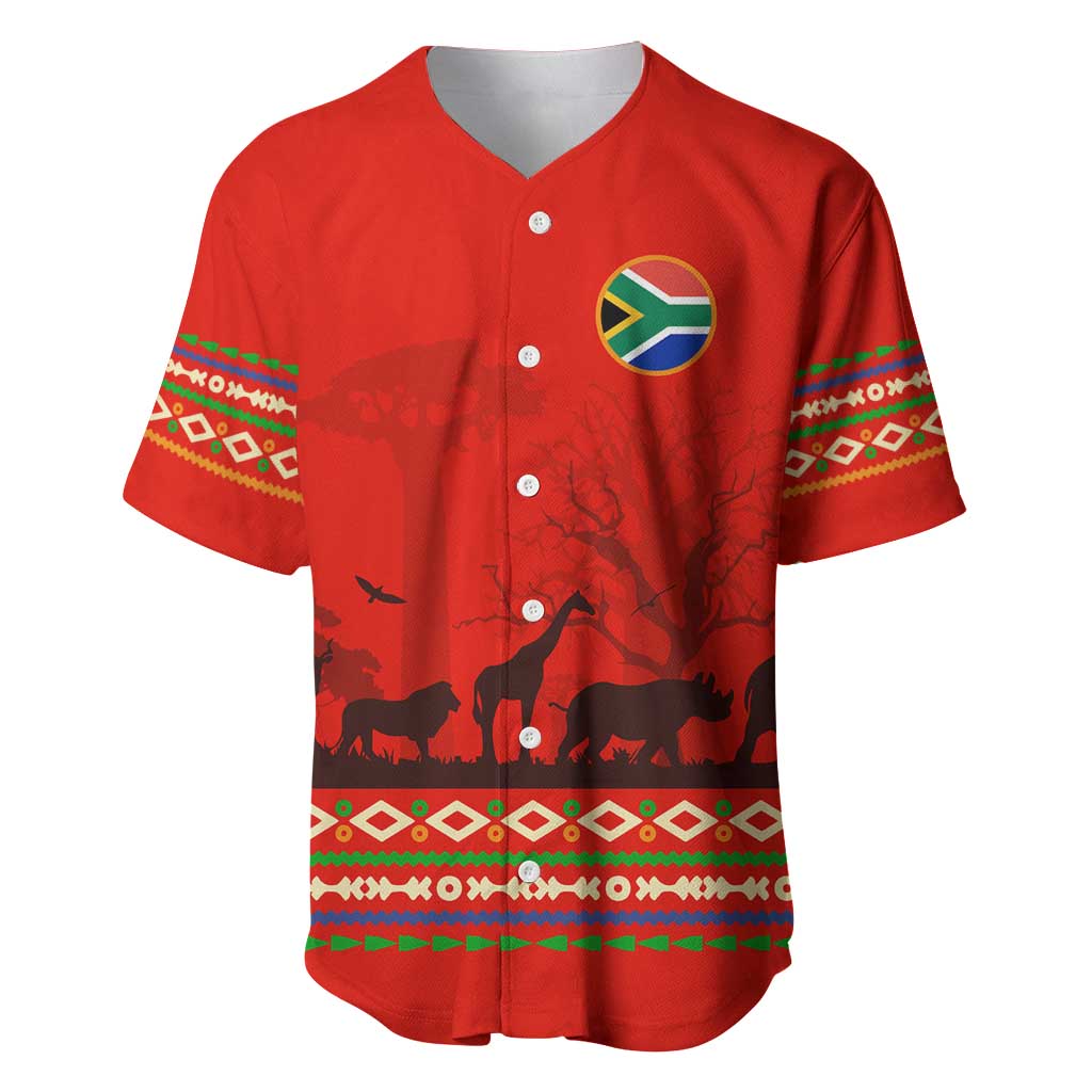 South Africa Wildlife Baseball Jersey Tribal Pattern with National Flag and Safari Silhouettes