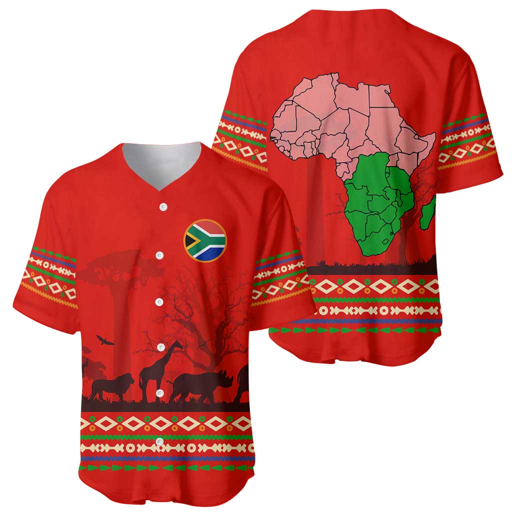 South Africa Wildlife Baseball Jersey Tribal Pattern with National Flag and Safari Silhouettes