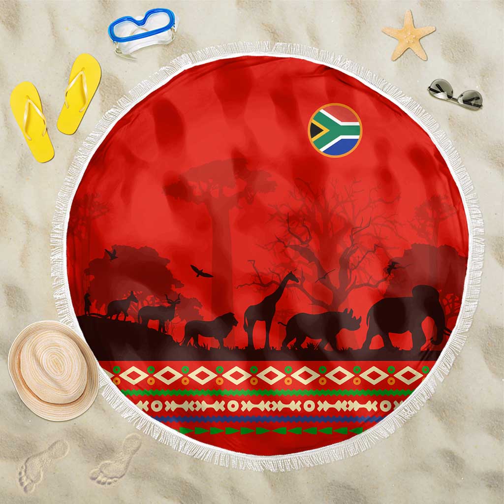 South Africa Wildlife Beach Blanket Tribal Pattern with National Flag and Safari Silhouettes