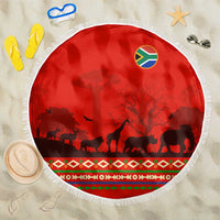 South Africa Wildlife Beach Blanket Tribal Pattern with National Flag and Safari Silhouettes