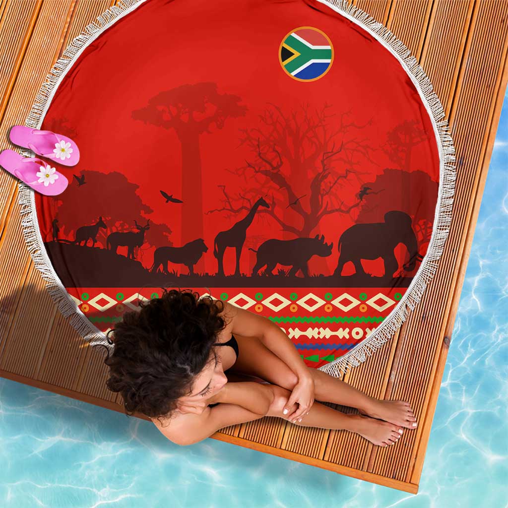 South Africa Wildlife Beach Blanket Tribal Pattern with National Flag and Safari Silhouettes