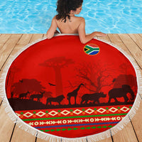 South Africa Wildlife Beach Blanket Tribal Pattern with National Flag and Safari Silhouettes