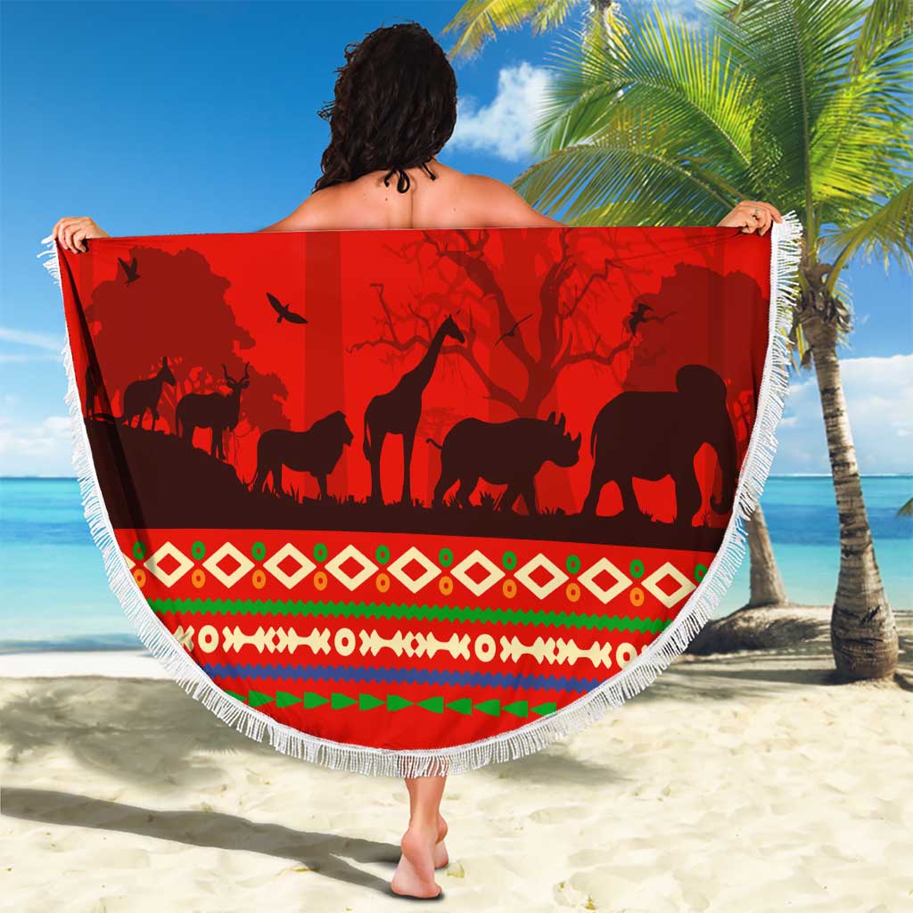 South Africa Wildlife Beach Blanket Tribal Pattern with National Flag and Safari Silhouettes
