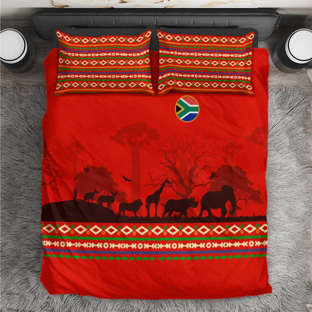 South Africa Wildlife Bedding Set Tribal Pattern with National Flag and Safari Silhouettes