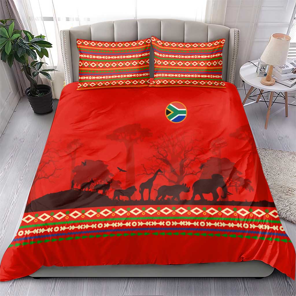 South Africa Wildlife Bedding Set Tribal Pattern with National Flag and Safari Silhouettes