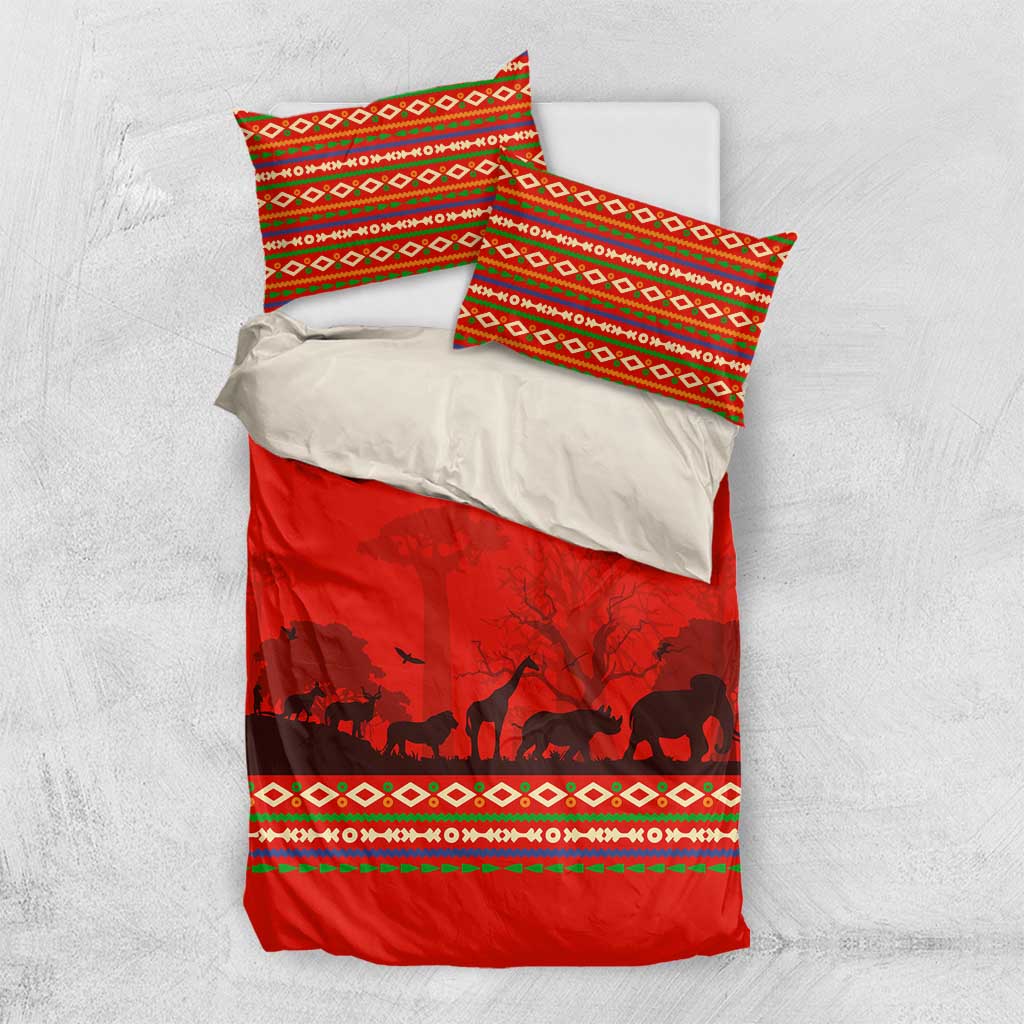South Africa Wildlife Bedding Set Tribal Pattern with National Flag and Safari Silhouettes