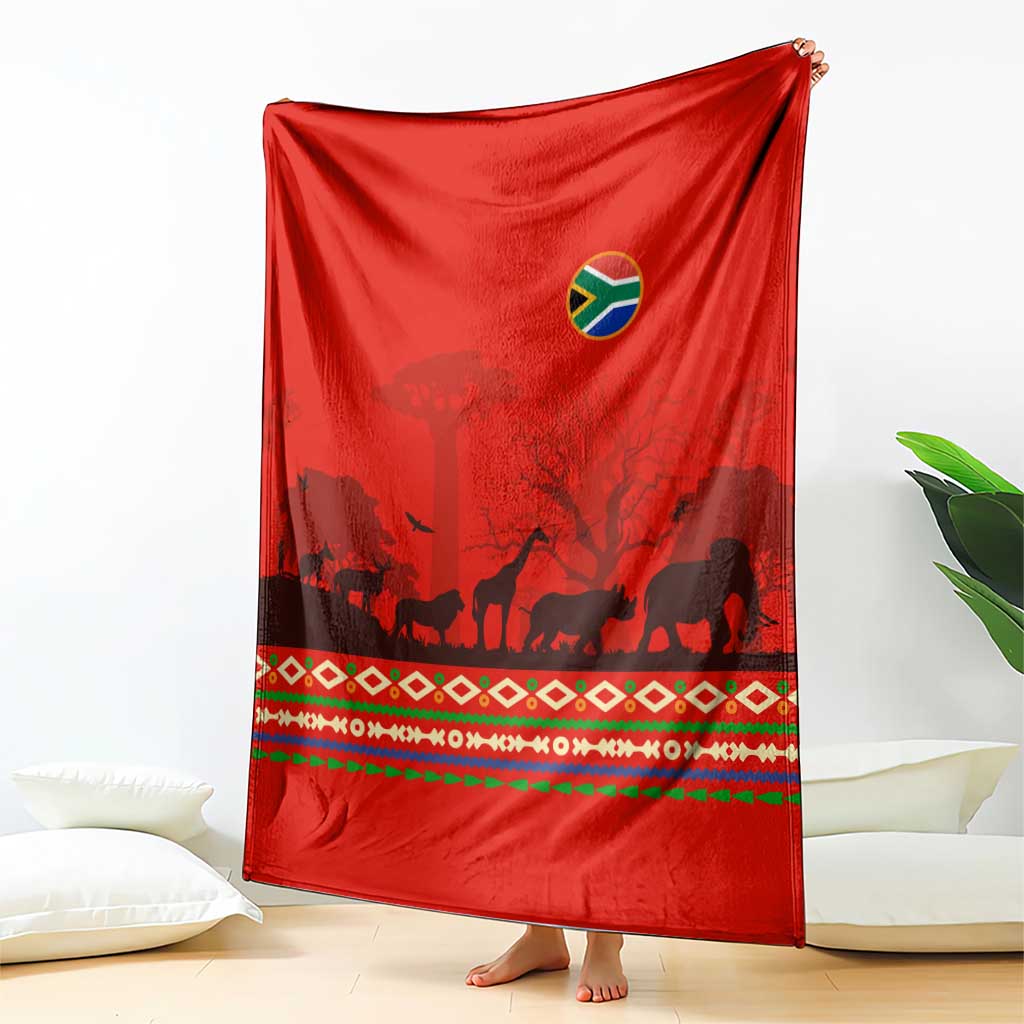 South Africa Wildlife Blanket Tribal Pattern with National Flag and Safari Silhouettes