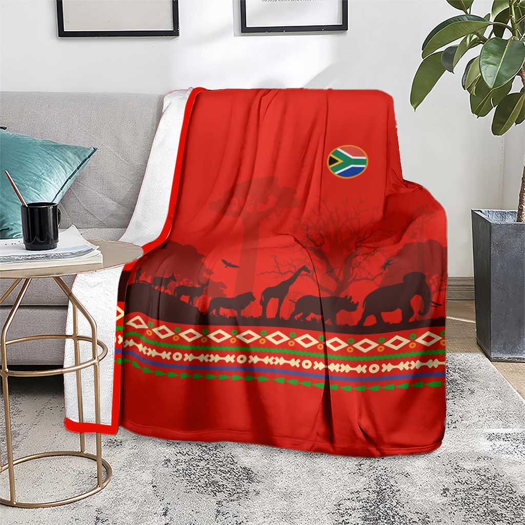 South Africa Wildlife Blanket Tribal Pattern with National Flag and Safari Silhouettes