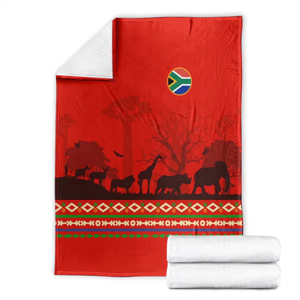 South Africa Wildlife Blanket Tribal Pattern with National Flag and Safari Silhouettes