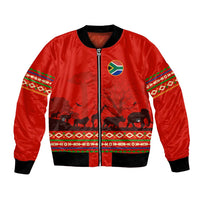 South Africa Wildlife Bomber Jacket Tribal Pattern with National Flag and Safari Silhouettes