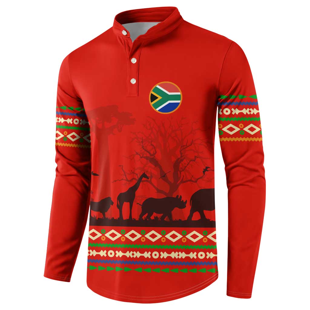 South Africa Wildlife Button Sweatshirt Tribal Pattern with National Flag and Safari Silhouettes