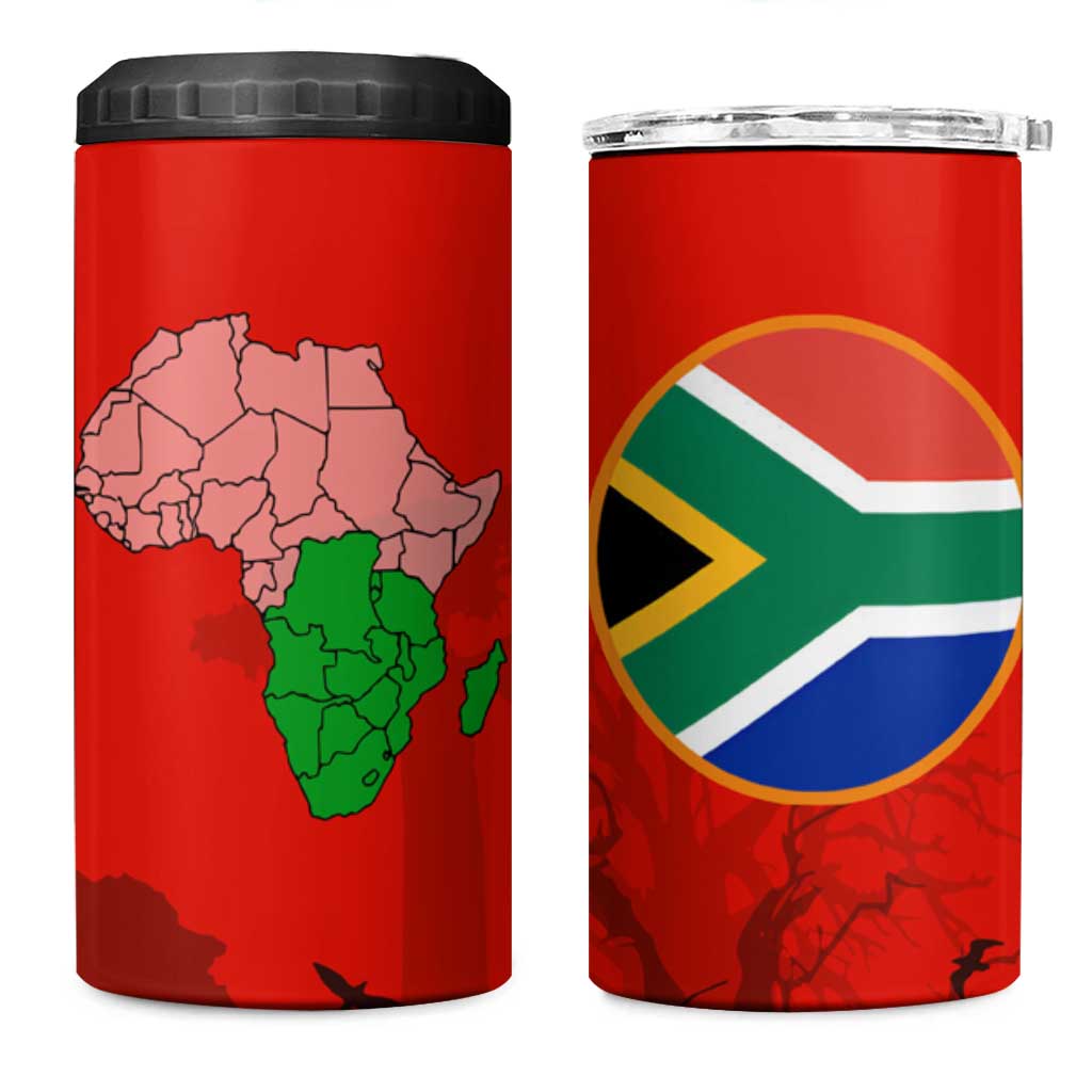 South Africa Wildlife 4 in 1 Can Cooler Tumbler Tribal Pattern with National Flag and Safari Silhouettes