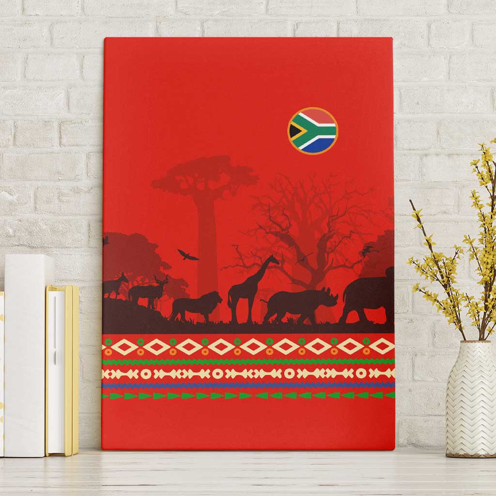 South Africa Wildlife Canvas Wall Art Tribal Pattern with National Flag and Safari Silhouettes